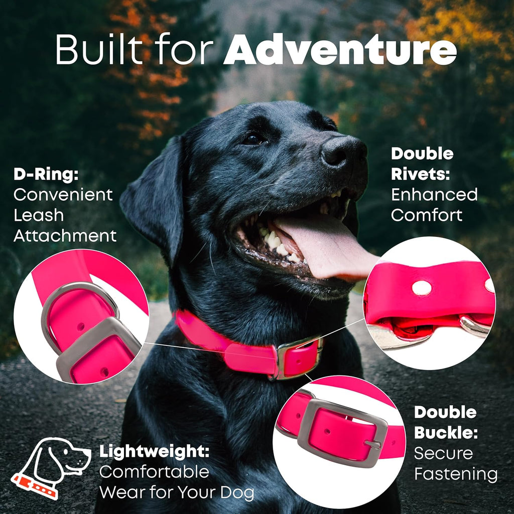 Medium Pink Dog Collar with Heavy Duty Double Buckle & D Ring | Vinyl Coated, Custom Fit, Adjustable Biothane Dog Collar | Chew Resistant Waterproof Collar for Dogs
